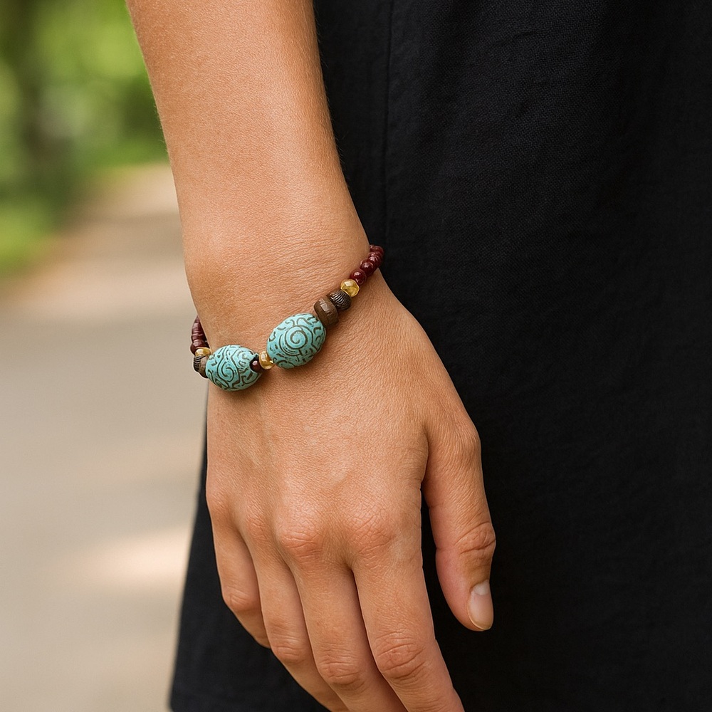 Bead bracelet brown turquoise etched 8” long